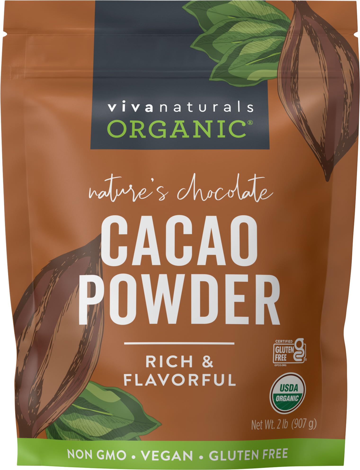 Viva Naturals frente del paquete mostrando el envase y beneficio de cacao puro