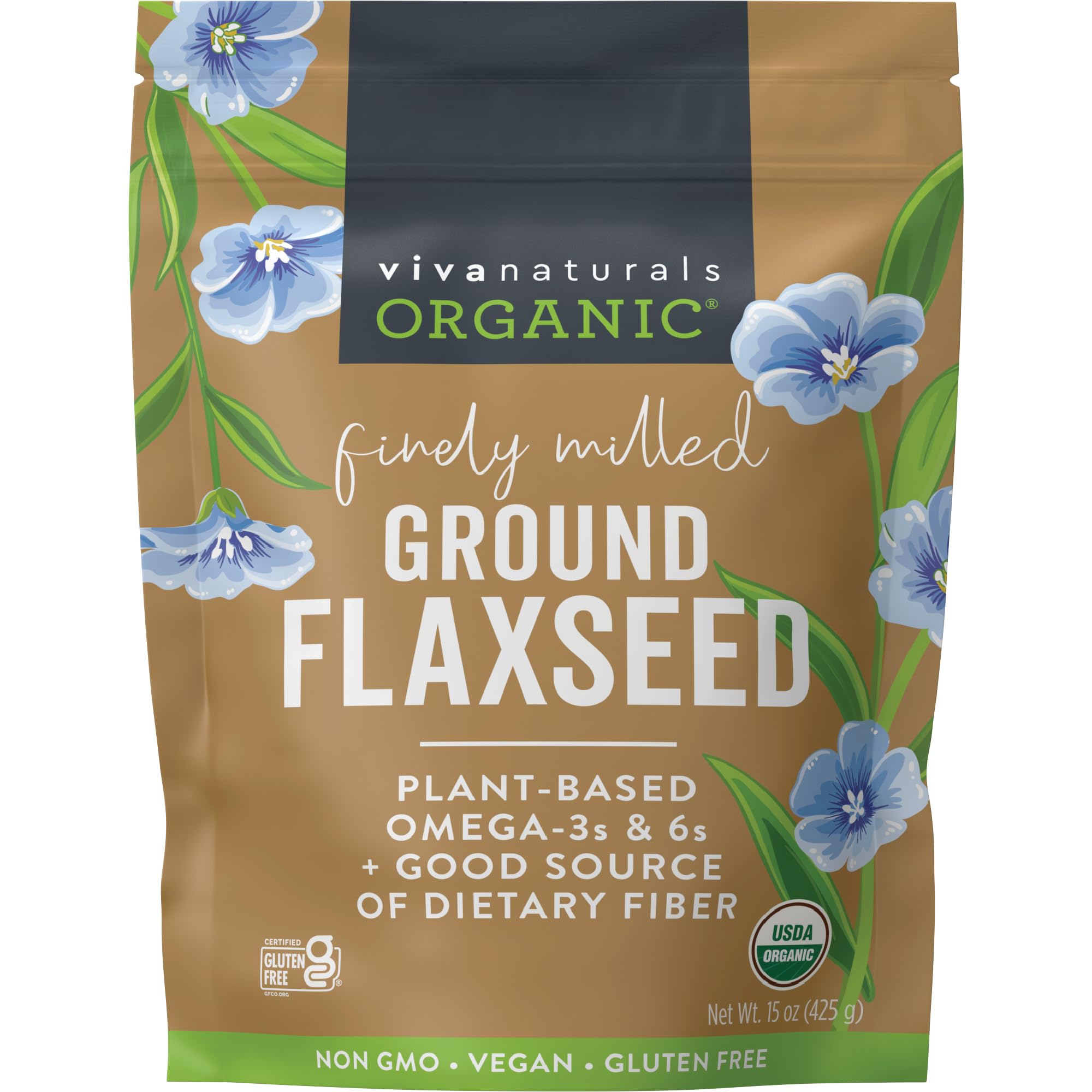 Viva Naturals paquete frontal mostrando linaza molida y uso diario