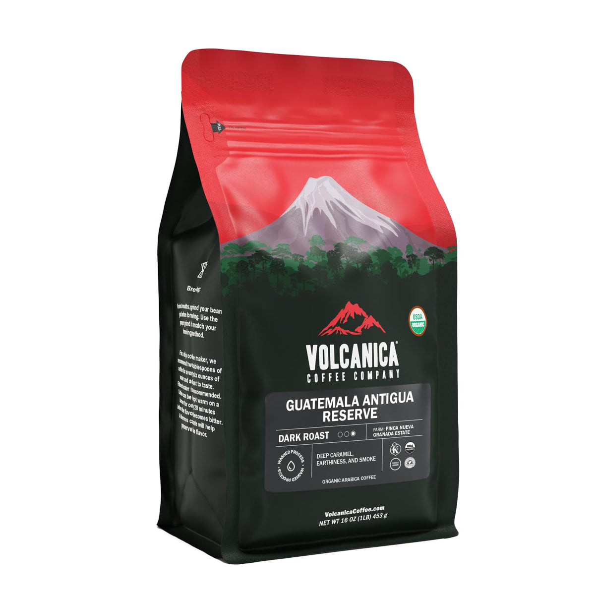 Volcanica Coffee paquete frente mostrando diseño y 16 onzas