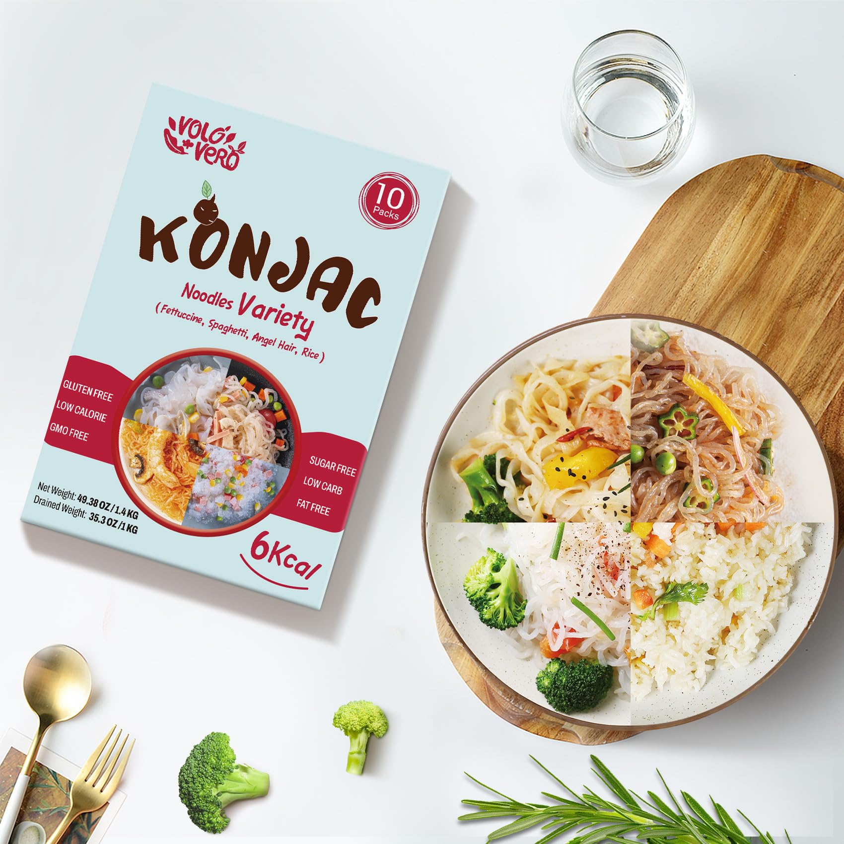 VOLO VERO cena saludable con fideos shirataki en mesa moderna y apetecible