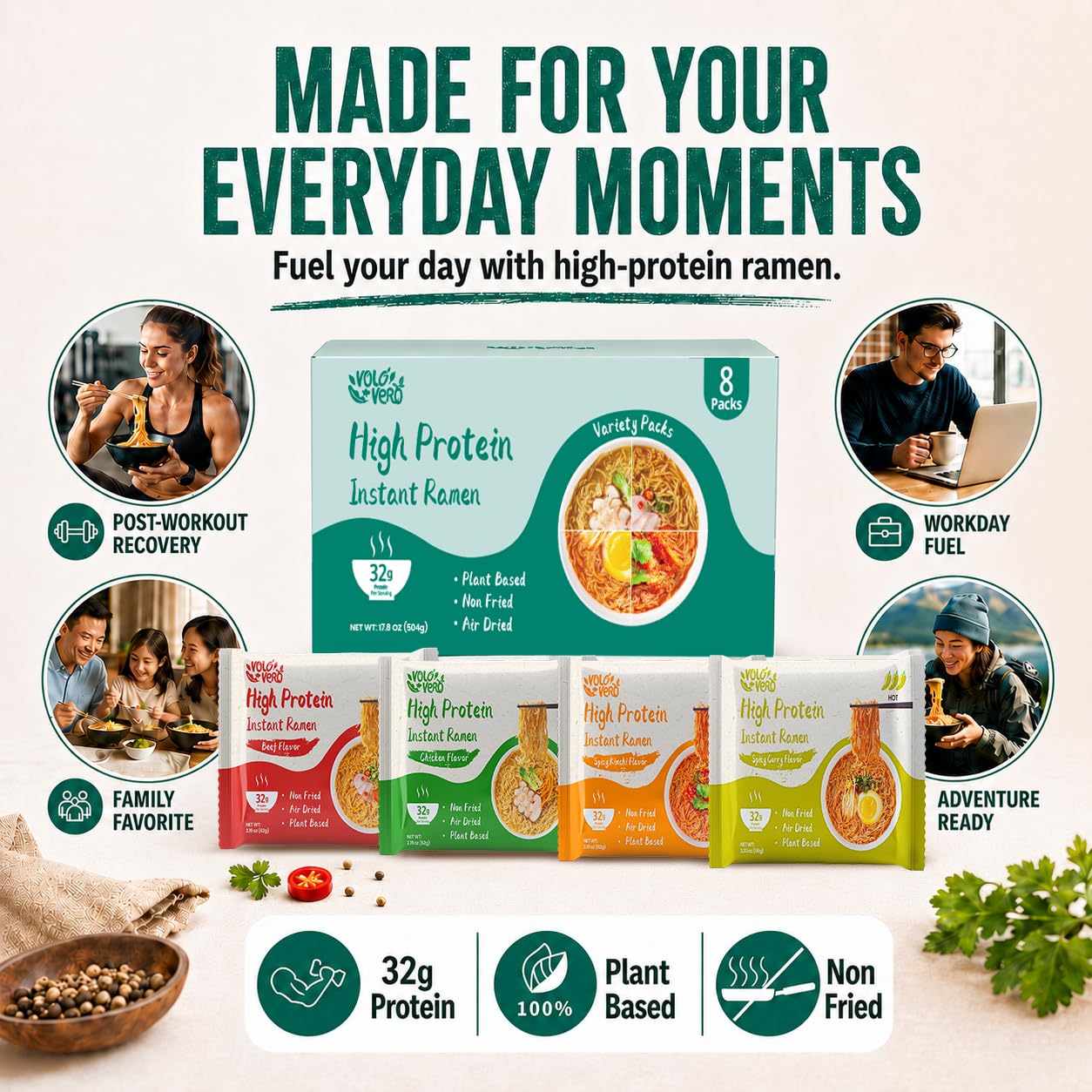 VOLO VERO persona disfrutando ramen en cocina demuestra conveniencia y energía