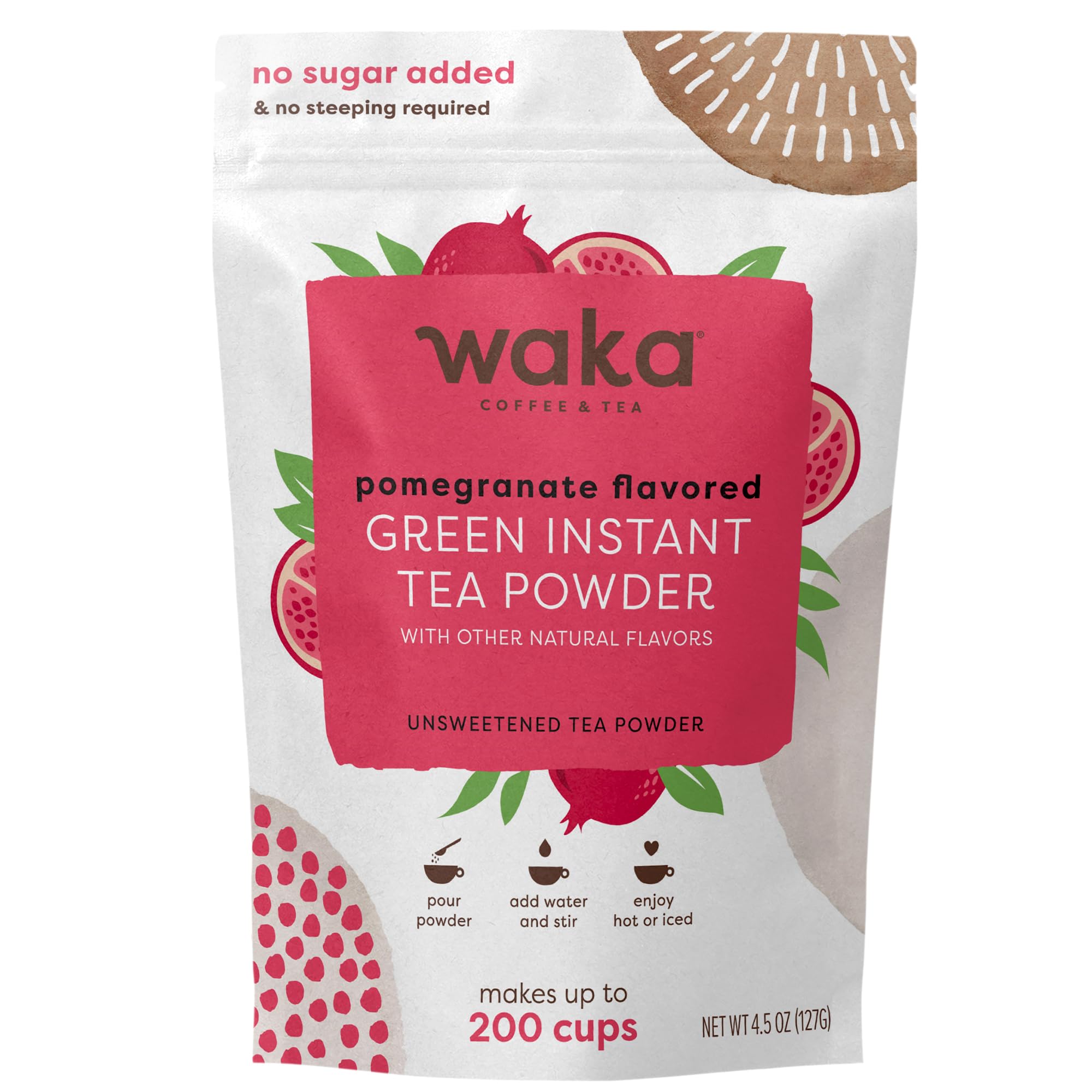 Waka paquete frontal granada mostrando diseño y cierre resellable, conveniencia inmediata