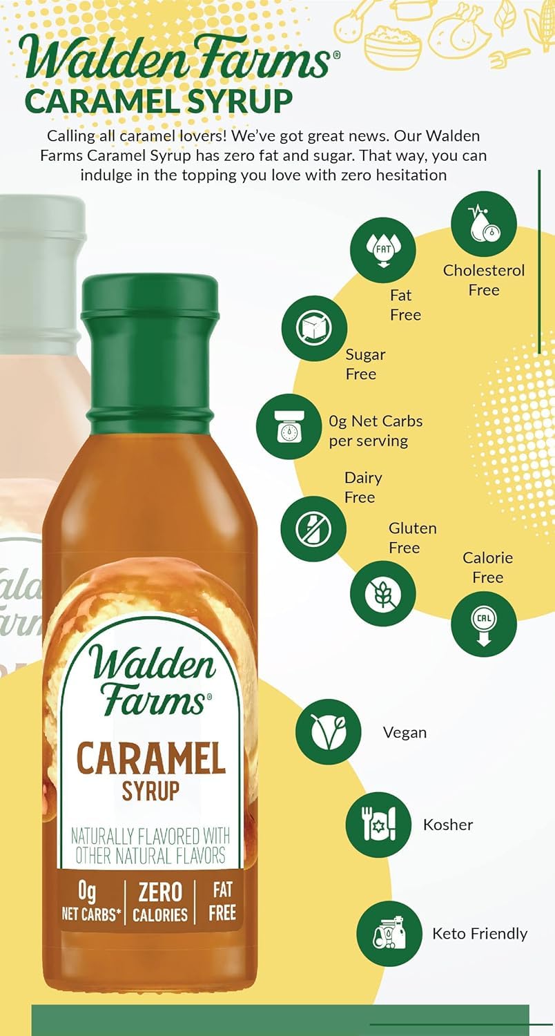 Walden Farms dispensando jarabe sobre un postre, decoración sin azúcar