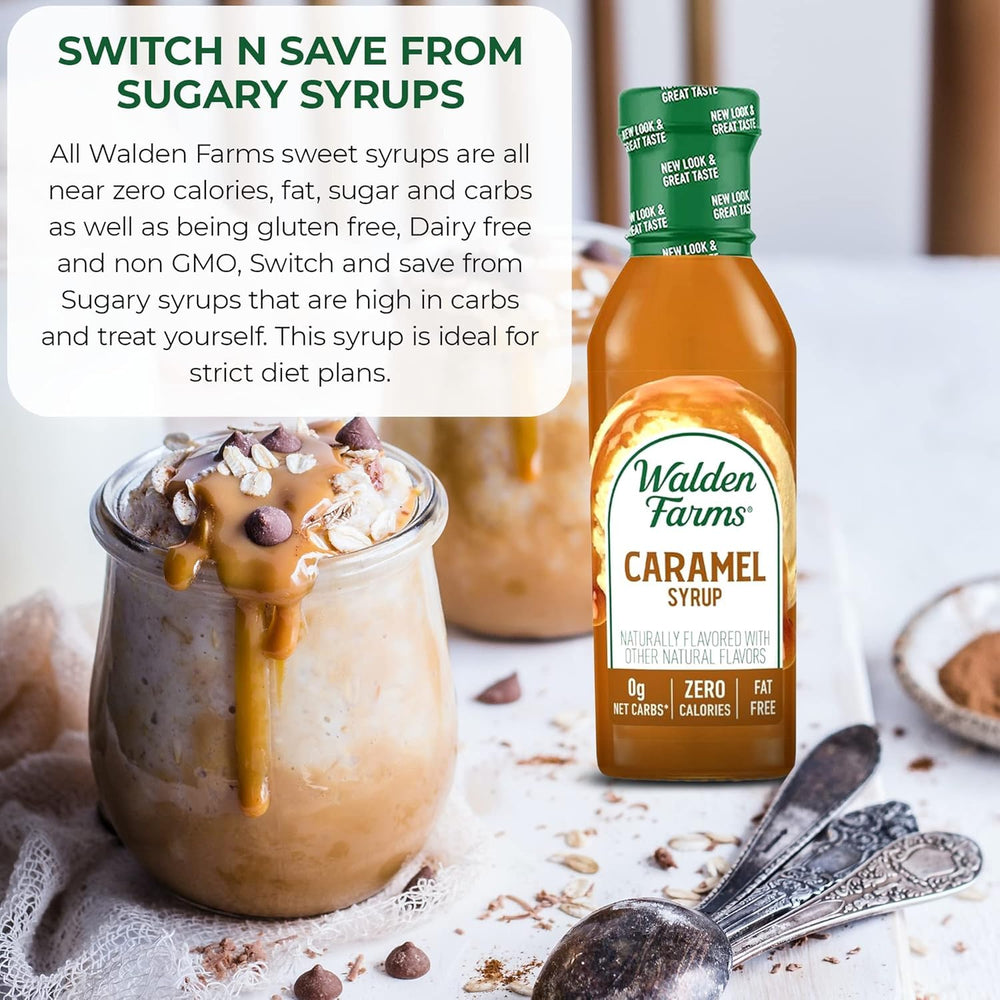 Walden Farms jarabe vertido en taza de café para sabor caramelo sin calorías