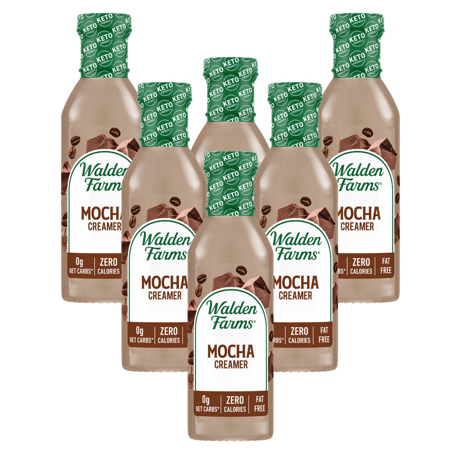 Walden Farms vista frontal del pack de seis botellas mostrando envase y etiqueta, conveniencia de almacenamiento