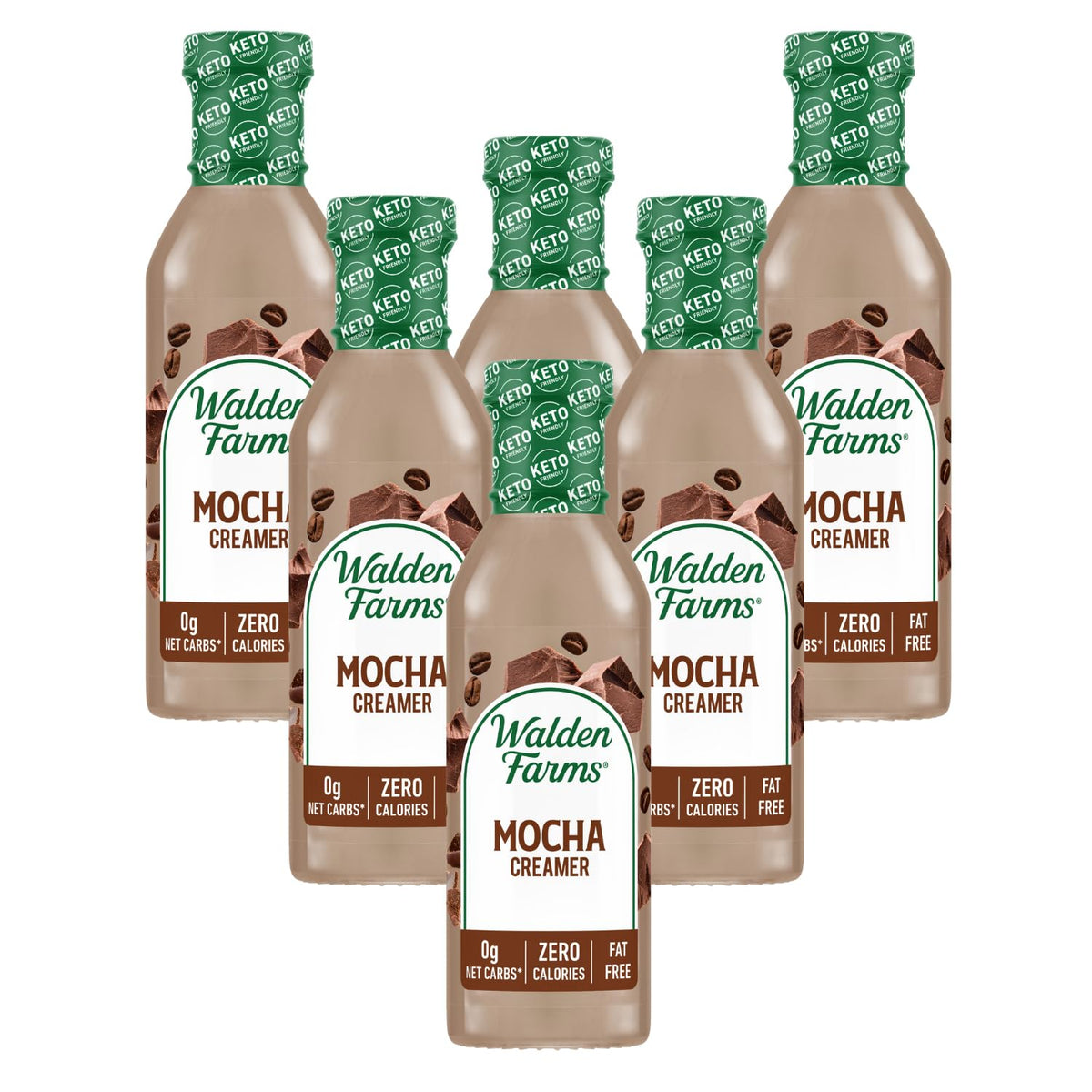 Walden Farms vista frontal del pack de seis botellas mostrando envase y etiqueta, conveniencia de almacenamiento