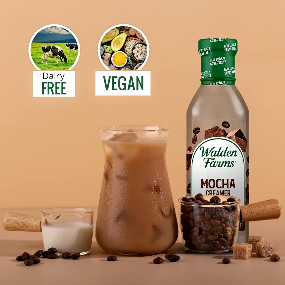 Walden Farms comparación de tamaño con una taza para escala, fácil porcionado y uso diario