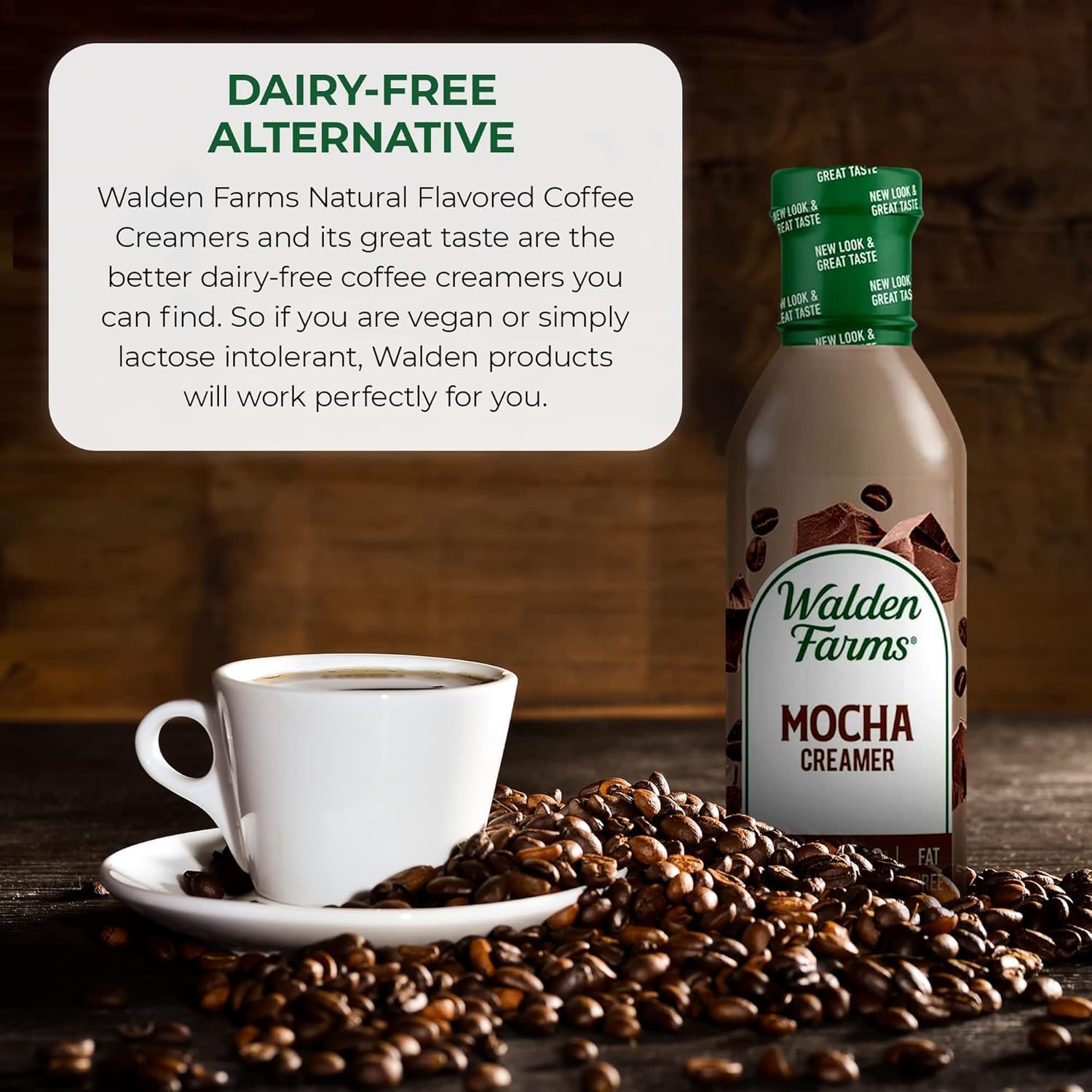 Walden Farms primer plano de la textura y color del creamer mocha, mezcla suave y homogénea