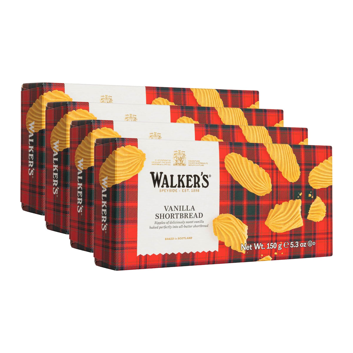 Walkers empaque frontal con caja roja y tartán mostrando galletas, calidad tradicional