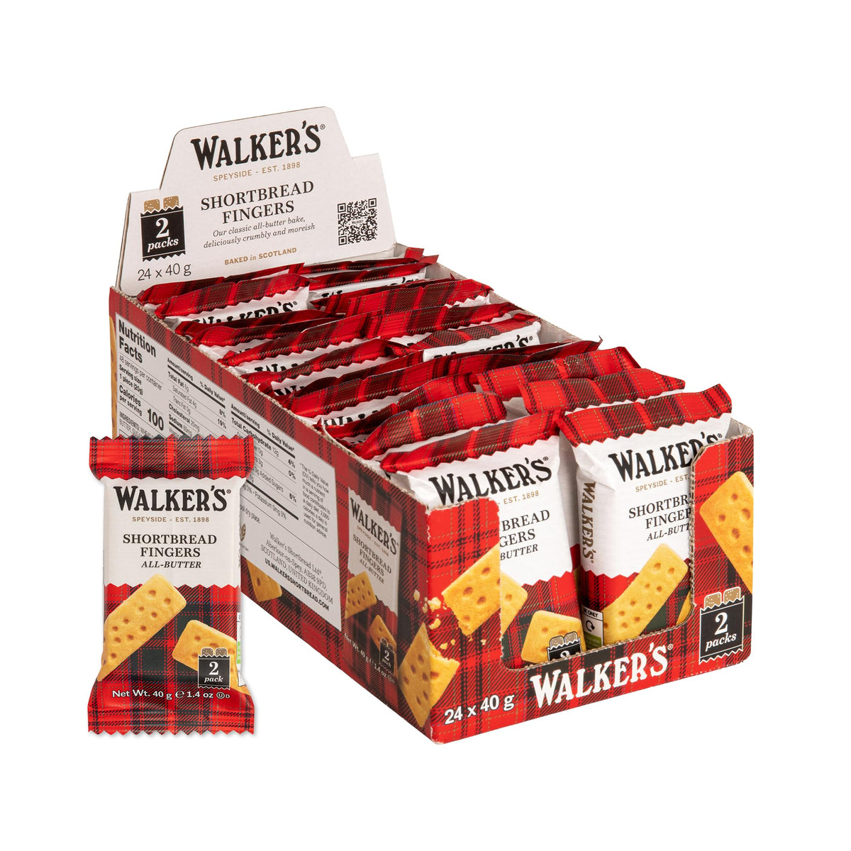 Walkers frontal del paquete mostrando diseño tartán y porciones, sabor auténtico