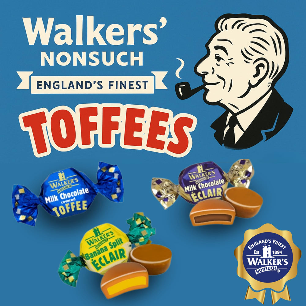 Walkers' Nonsuch toffee junto a taza de té, perfecto para acompañar