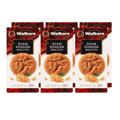 Walkers paquete frontal mostrando shortbread de jengibre y beneficio de sabor auténtico