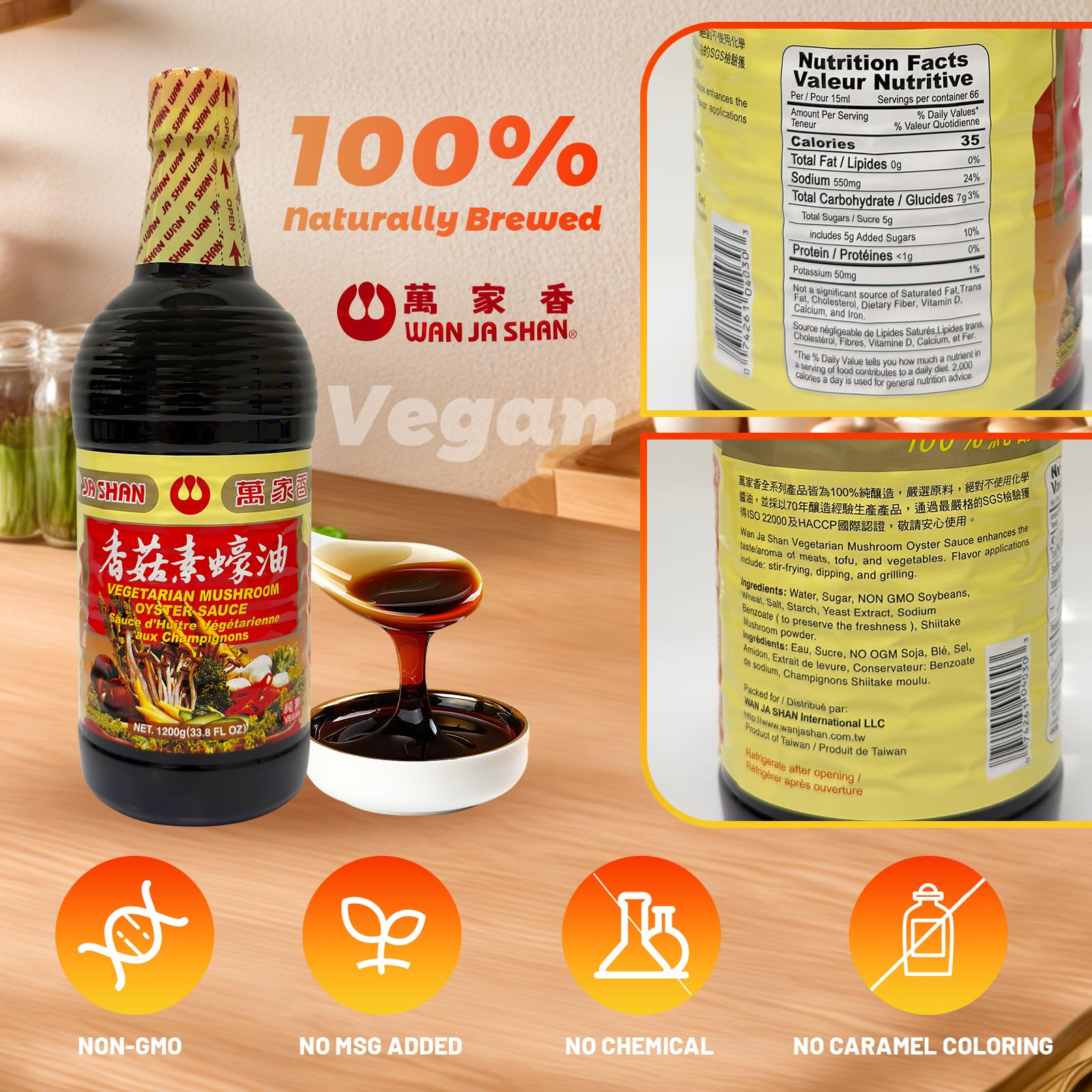 Wan Ja Shan botella ubicada en estantería de cocina lista para cocinar