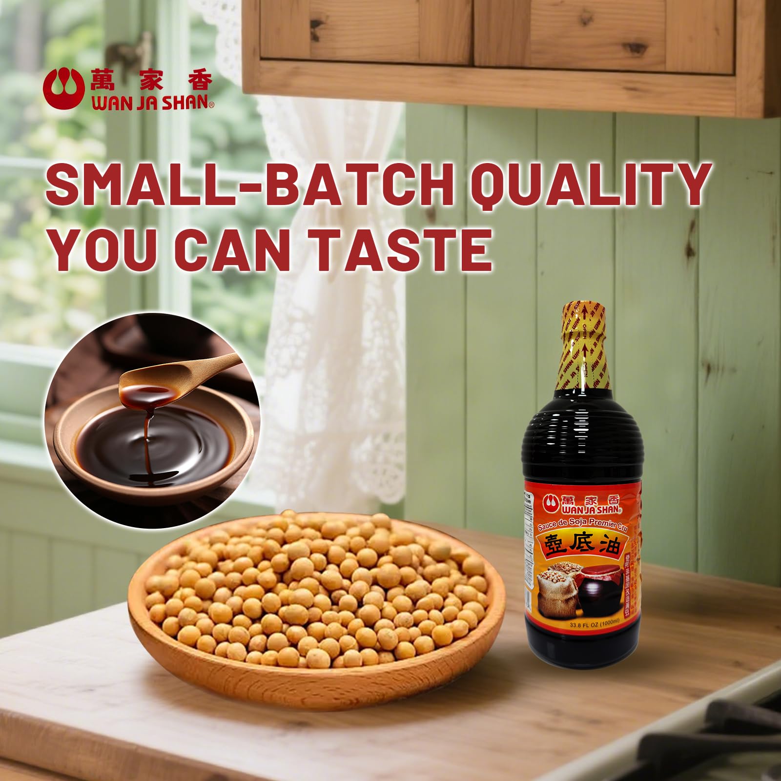 Wan Ja Shan botella con granos de soya no-GMO resaltando ingredientes puros