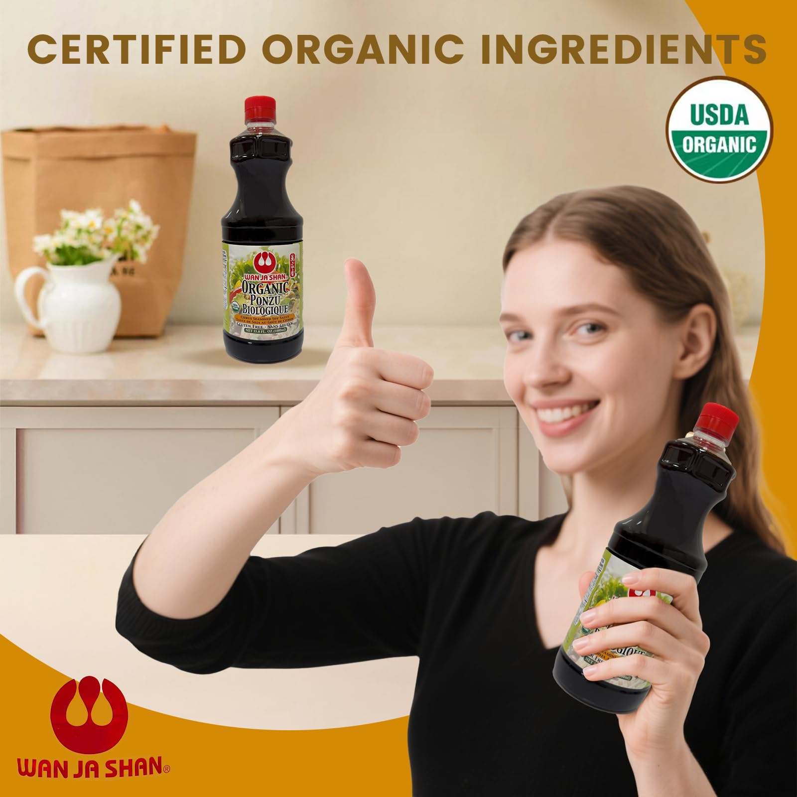 Wan Ja Shan ponzu etiqueta con certificaciones orgánica y sin gluten