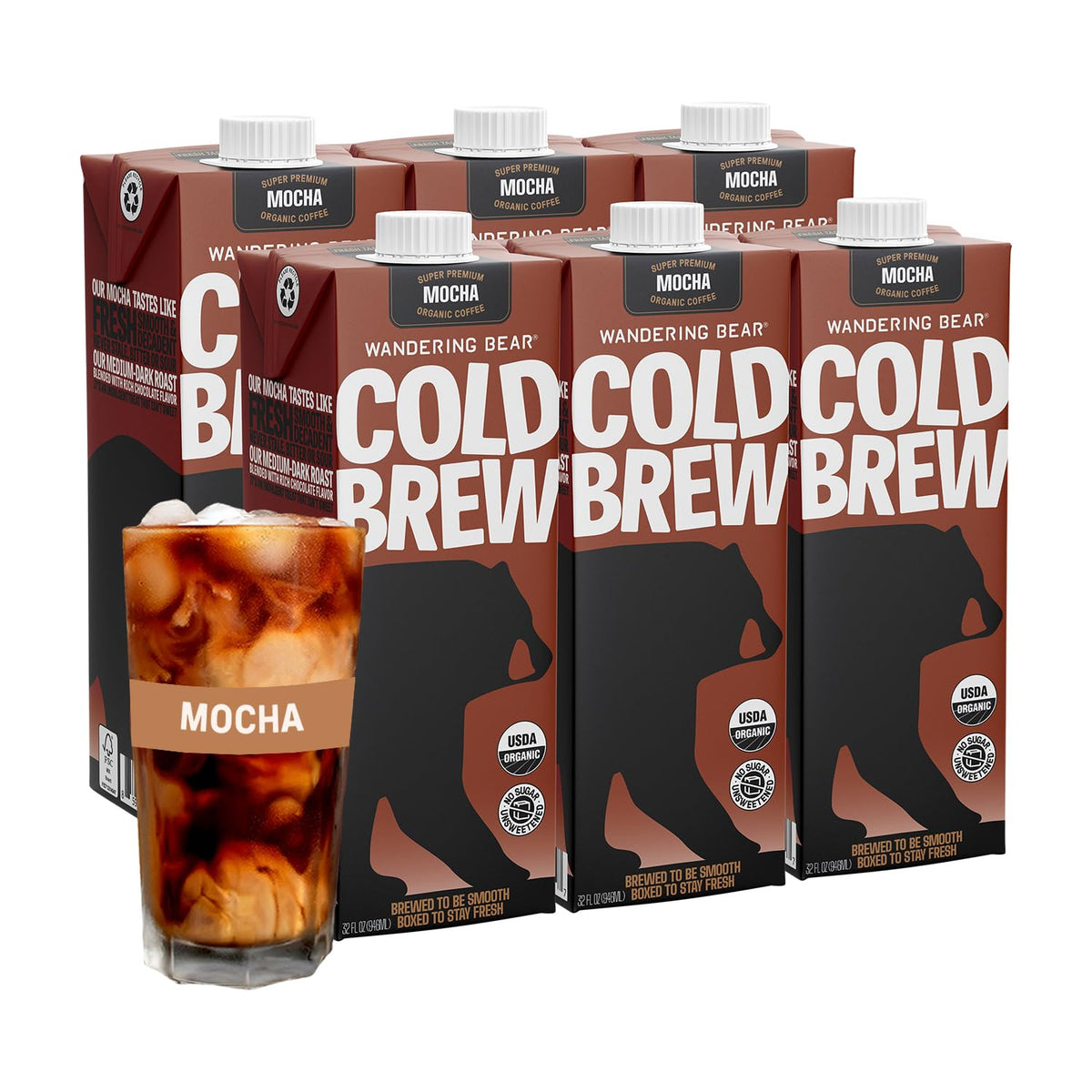 Wandering Bear frente del cartón mocha mostrando diseño y beneficio listo para beber