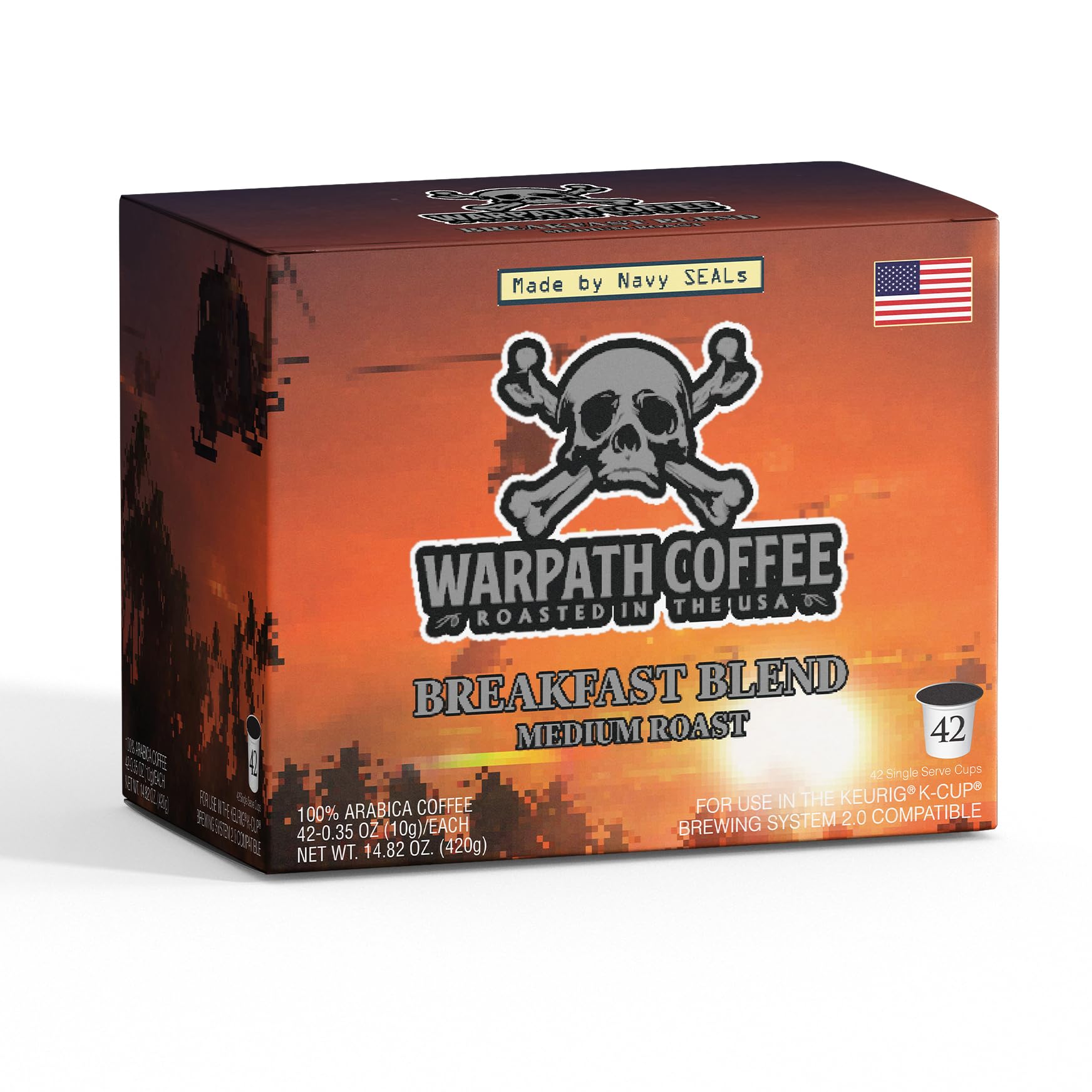 Warpath Coffee caja frontal mostrando 42 K-Cups y conveniencia diaria