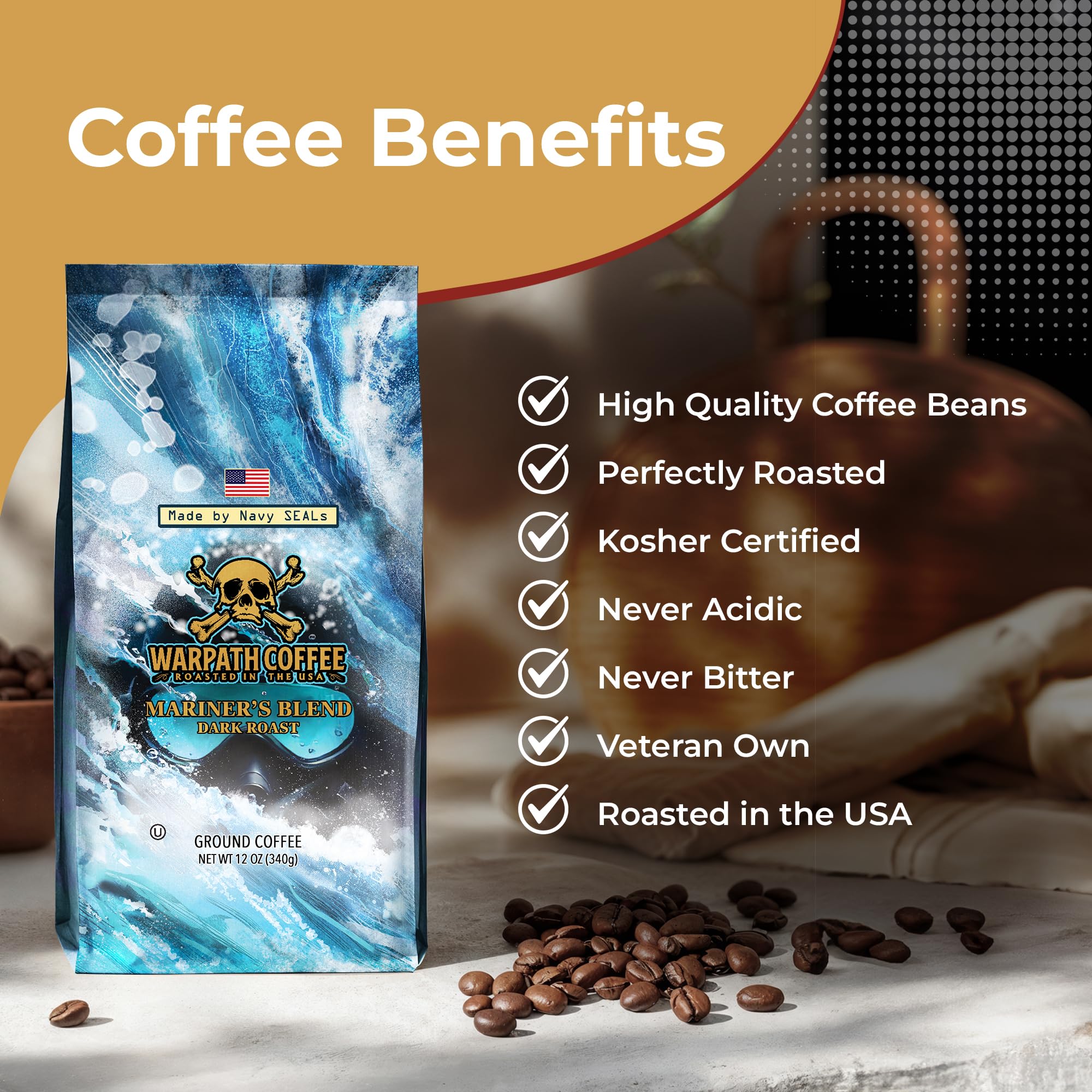 Warpath Coffee comparativa de escala 12 oz junto a objetos, tamaño claro