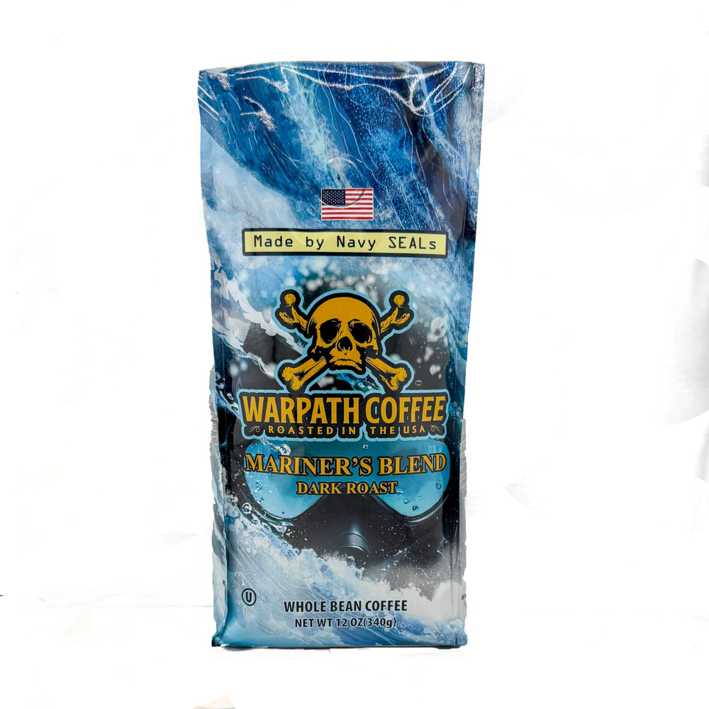 Warpath Coffee paquete frontal mostrando diseño y tamaño 12 oz, robustez evidente