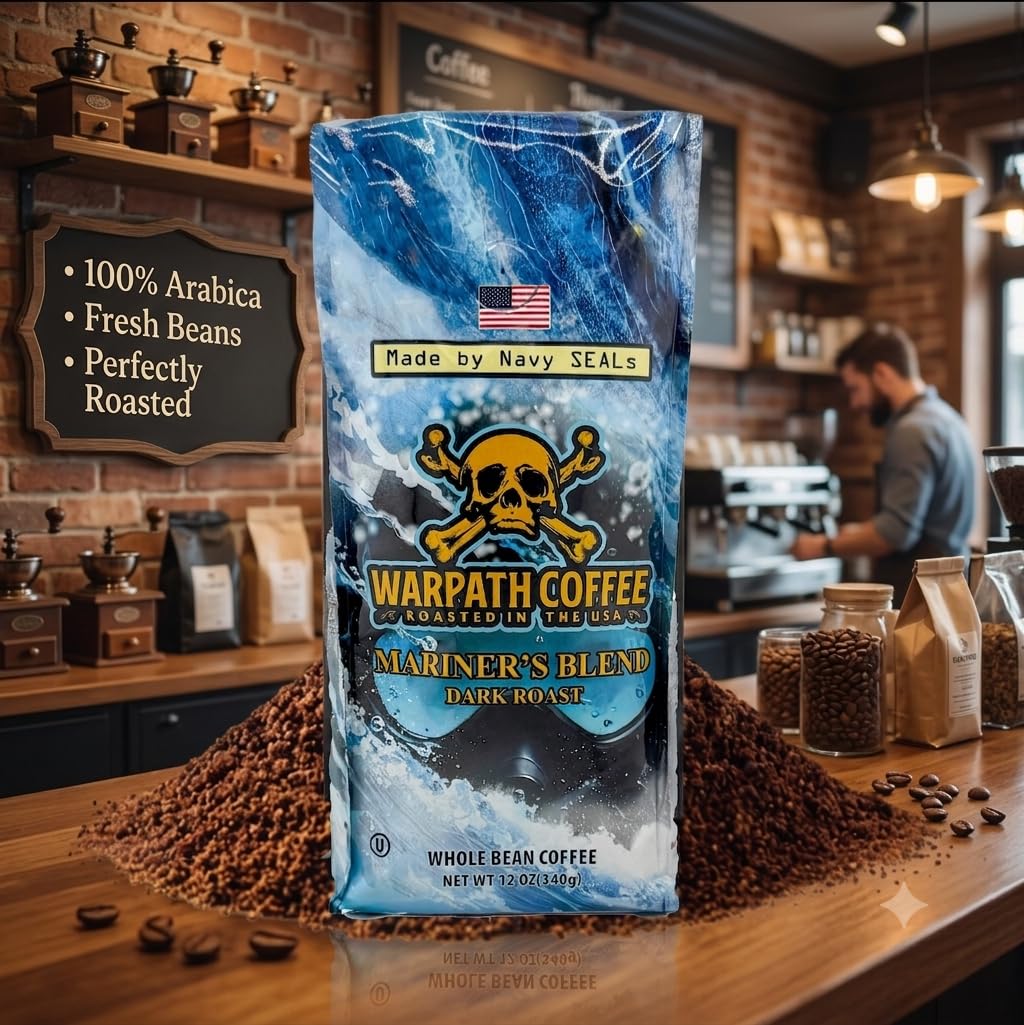 Warpath Coffee granos tostados en detalle, color oscuro y aroma perceptible