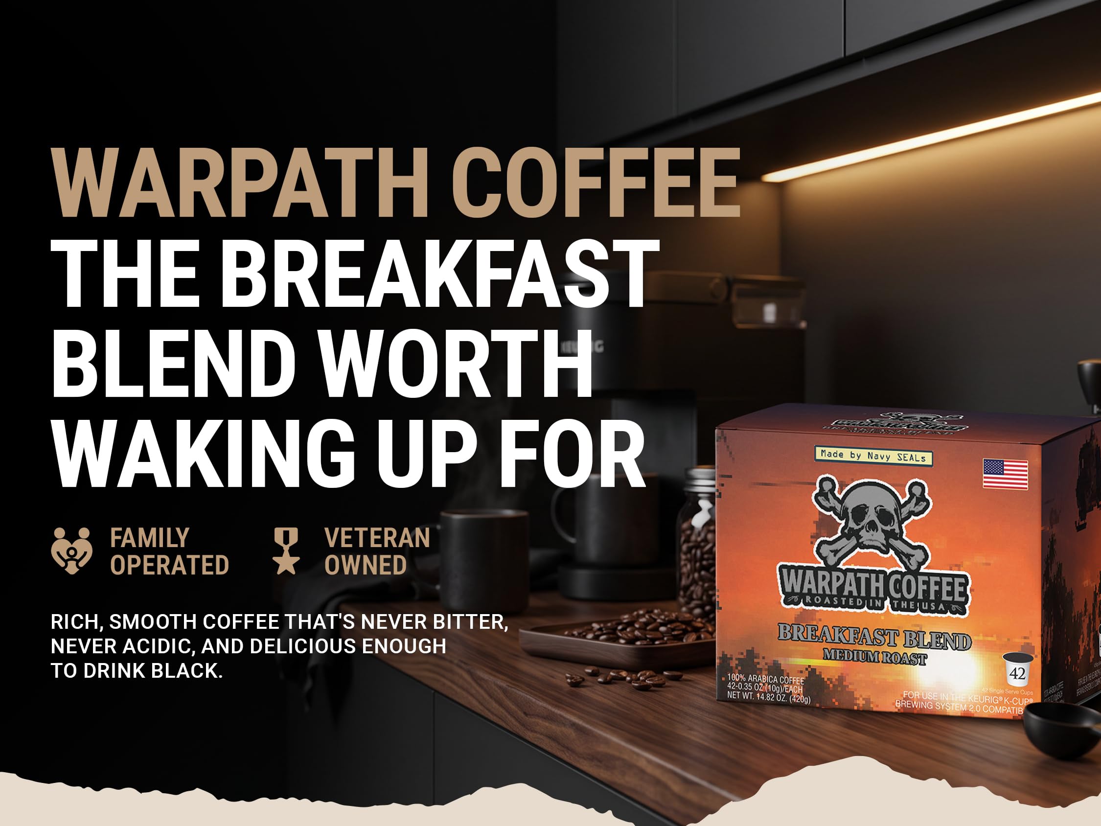 Warpath Coffee taza servida con crema ligera y aroma intenso listo para beber