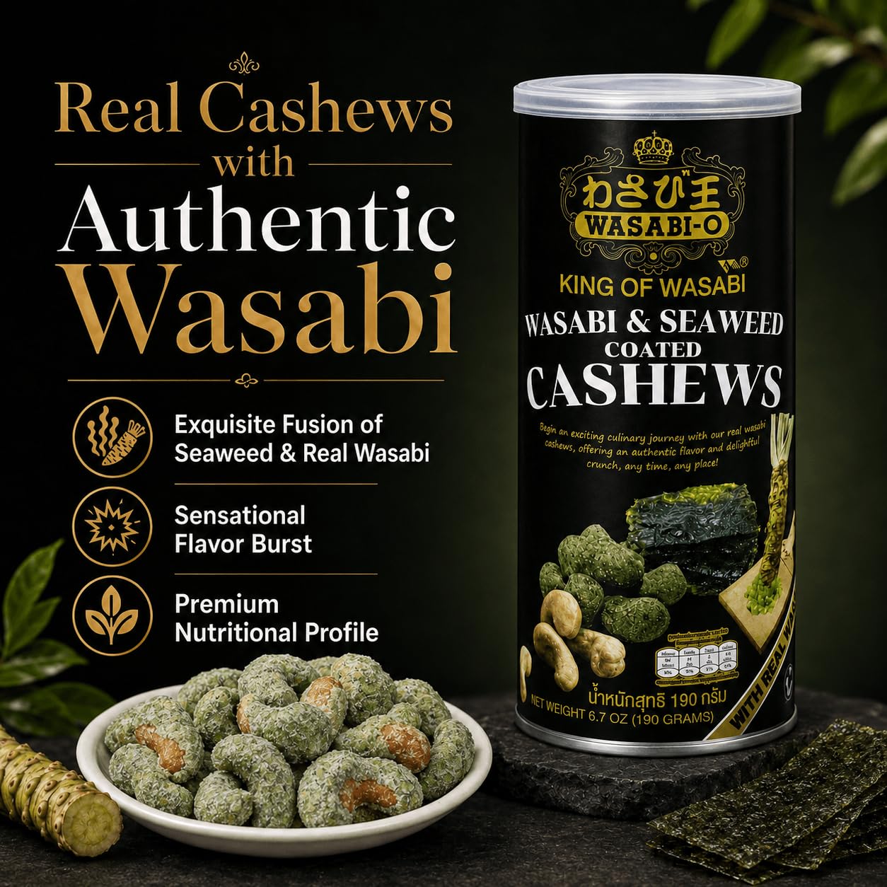 WASABI-O textura de anacardos en primer plano, crocancia visible