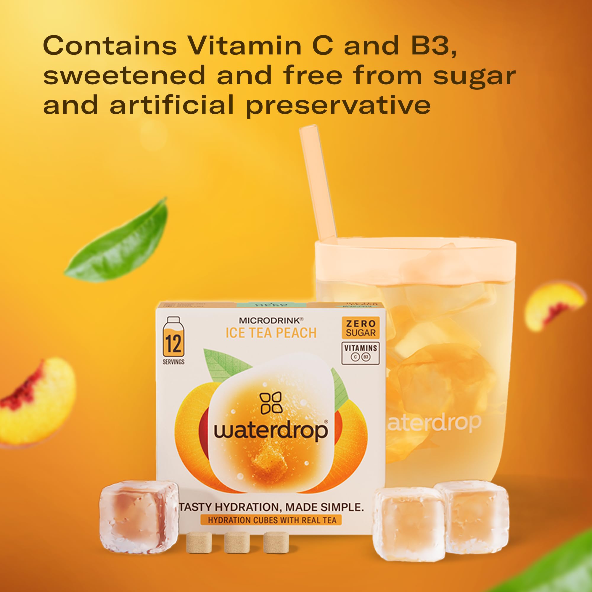 Waterdrop MICRODRINK cubo disolviéndose en agua fría ofreciendo hidratación instantánea