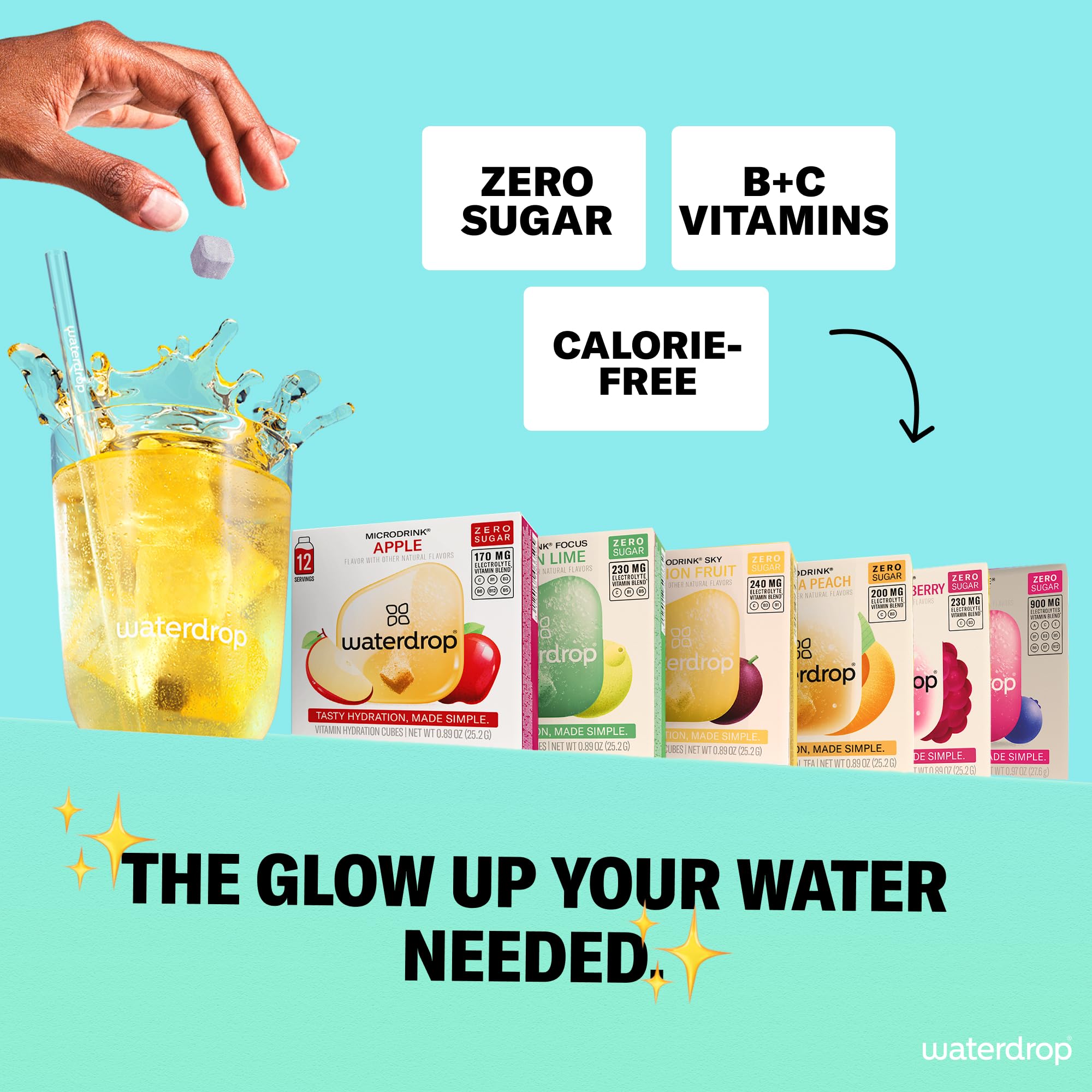 waterdrop MICRODRINK cubo sin envolver junto a agua, fácil y limpio de usar