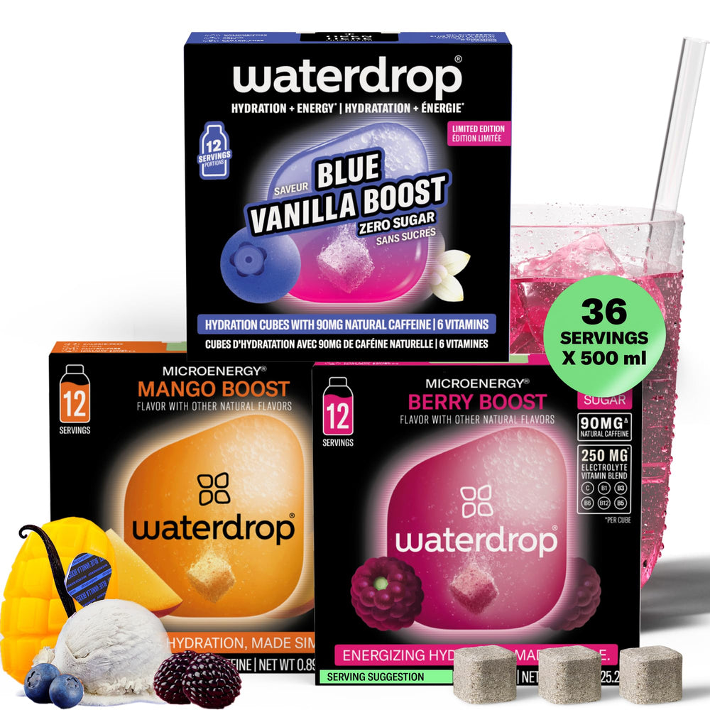 waterdrop MICRODRINK frente del envase mostrando 36 cubos y diseño llamativo