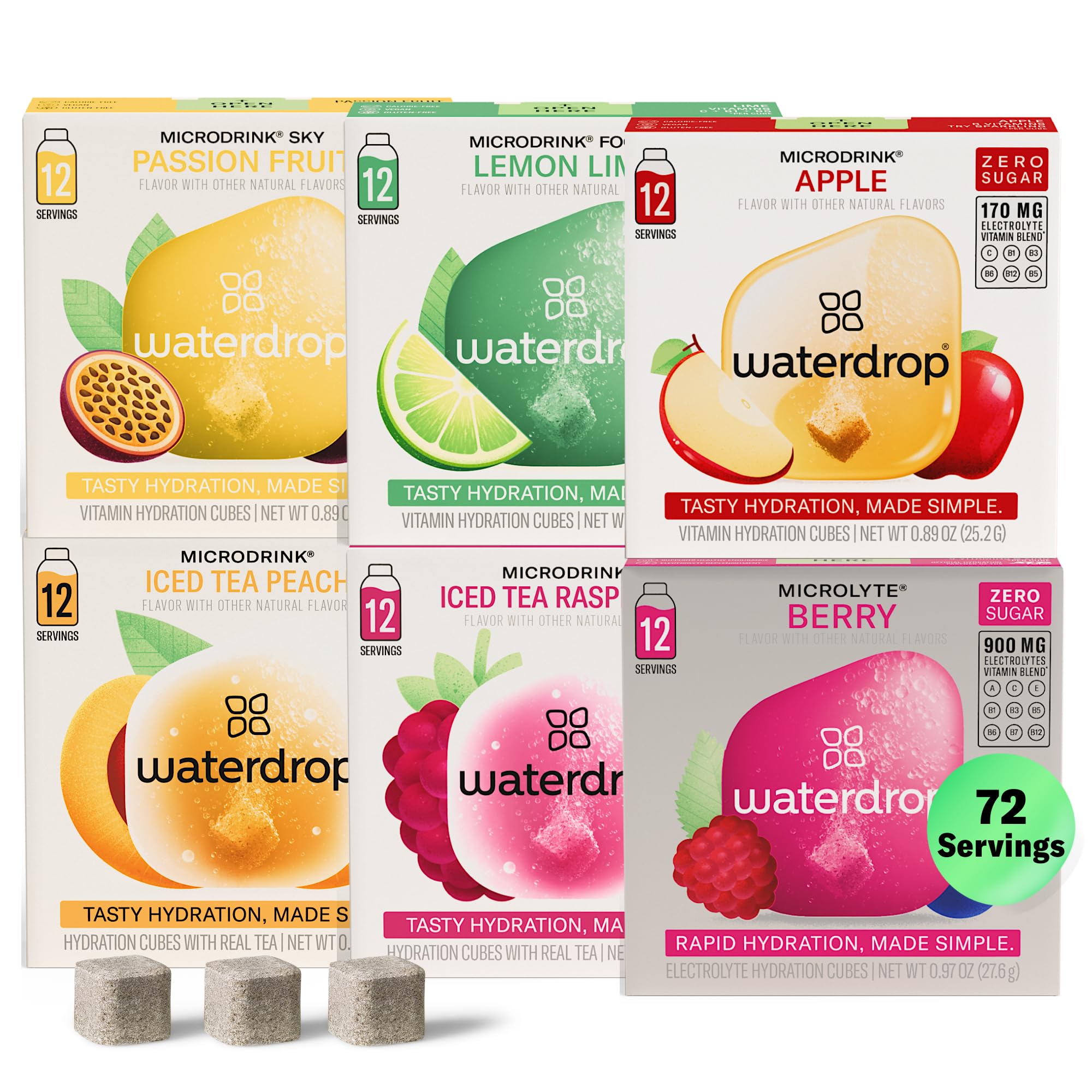 waterdrop MICRODRINK frontal del paquete mostrando 72 cubos, práctico para llevar