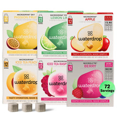 waterdrop MICRODRINK frontal del paquete mostrando 72 cubos, práctico para llevar