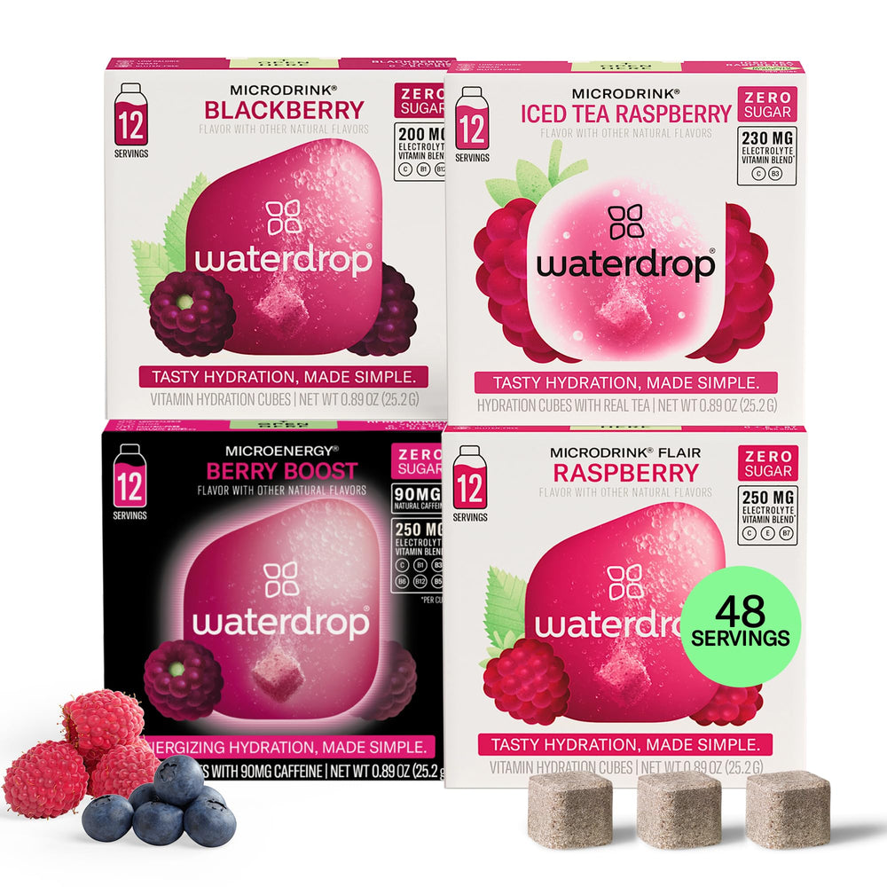 waterdrop MICRODRINK embalaje frontal mostrando variedad Mixed Berry y beneficios
