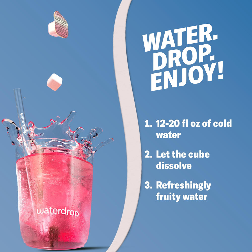 waterdrop MICRODRINK cubo disolviéndose en vaso espumoso, rápida disolución y sabor