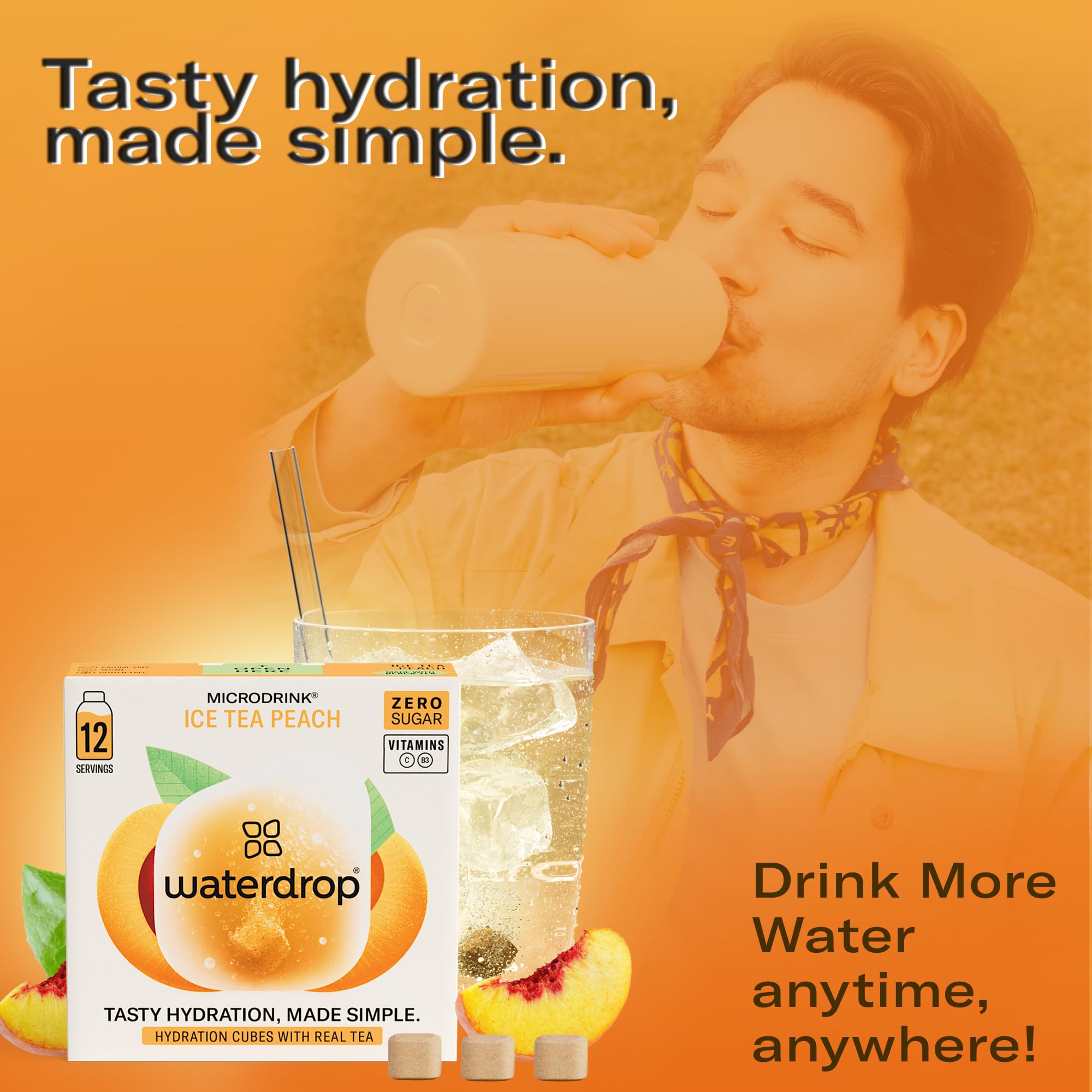 Waterdrop MICRODRINK detalle de ingredientes con polvo de durazno y fibra natural