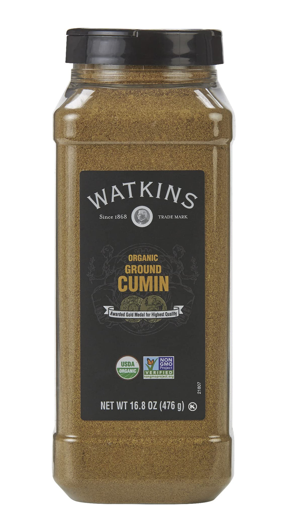 Watkins comino frasco frontal mostrando tamaño y uso culinario