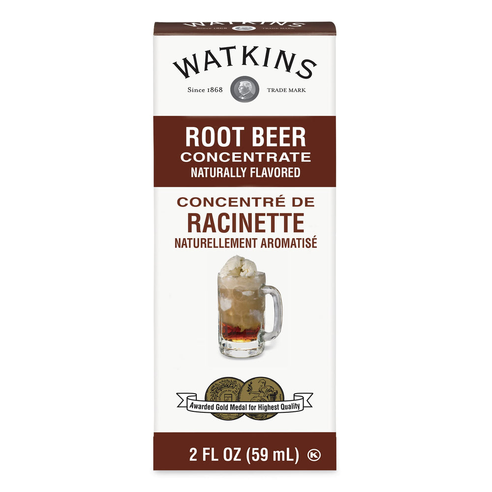 Watkins concentrado root beer vista frontal mostrando botellas y formato práctico