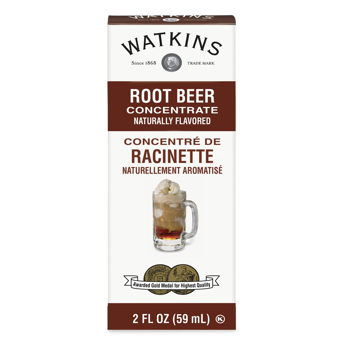 Watkins concentrado root beer vista frontal mostrando botellas y formato práctico