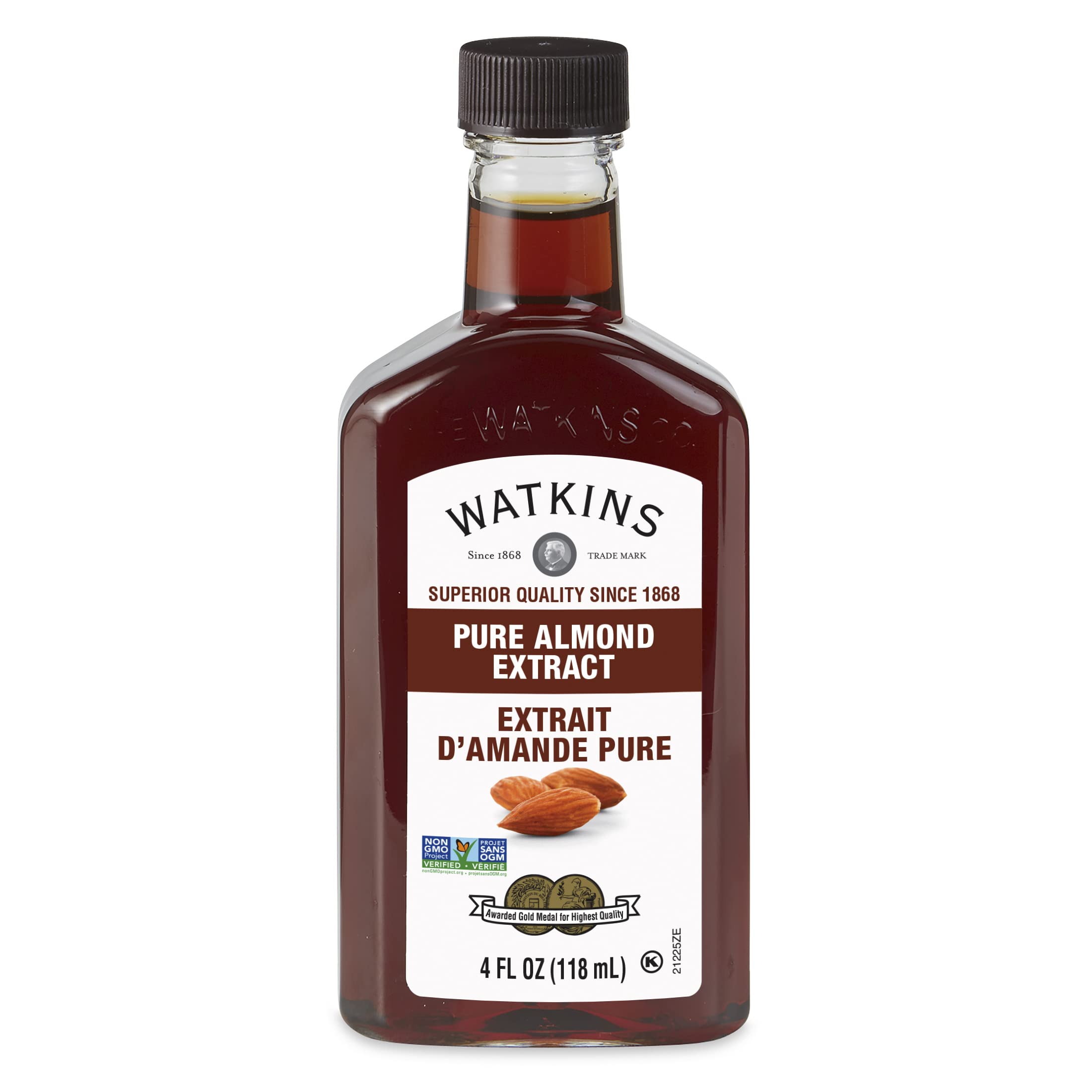 Watkins botella frontal de extracto de almendra mostrando presentación y tamaño