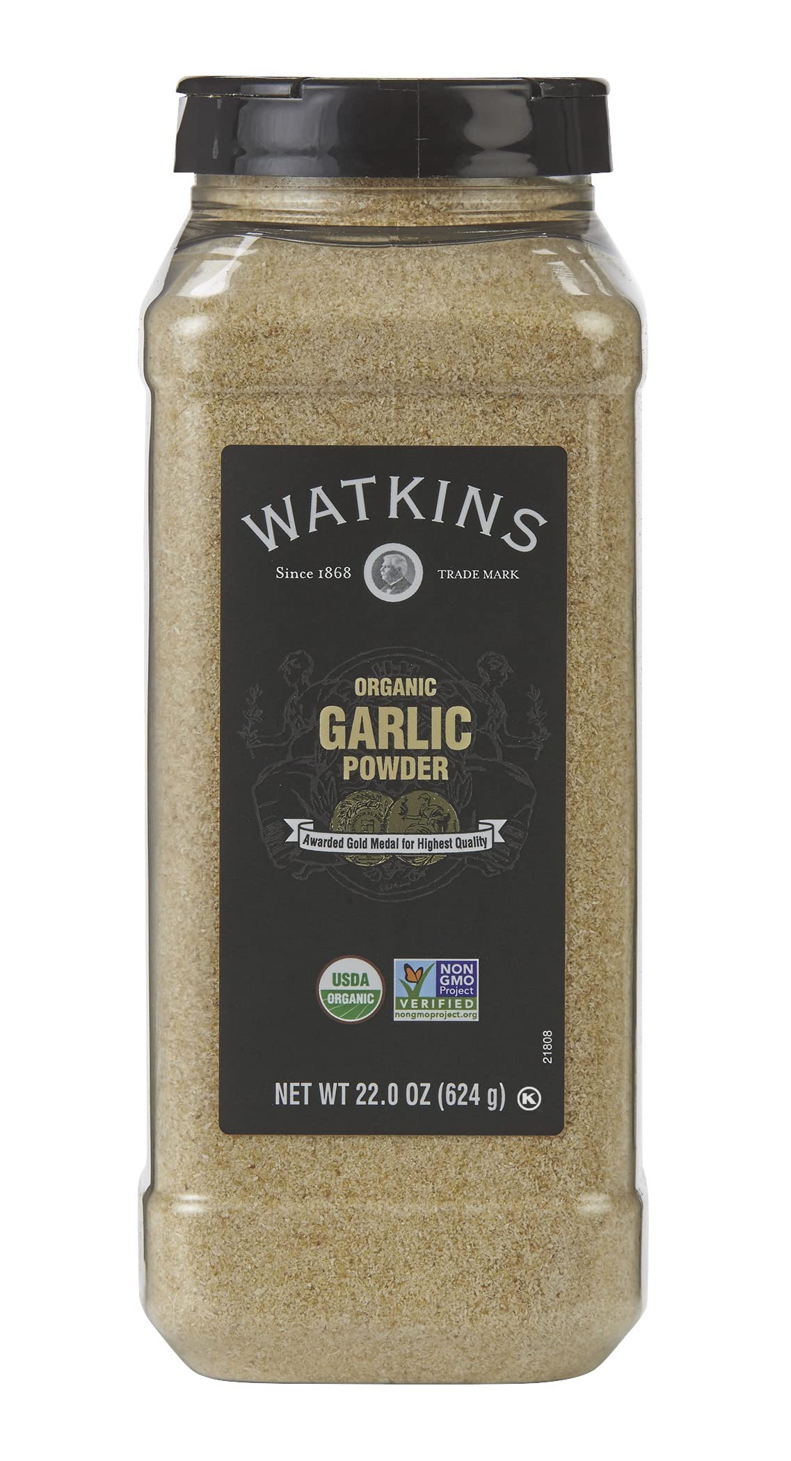 Watkins frasco de ajo en polvo 22 oz mostrado frontalmente para almacenamiento y uso