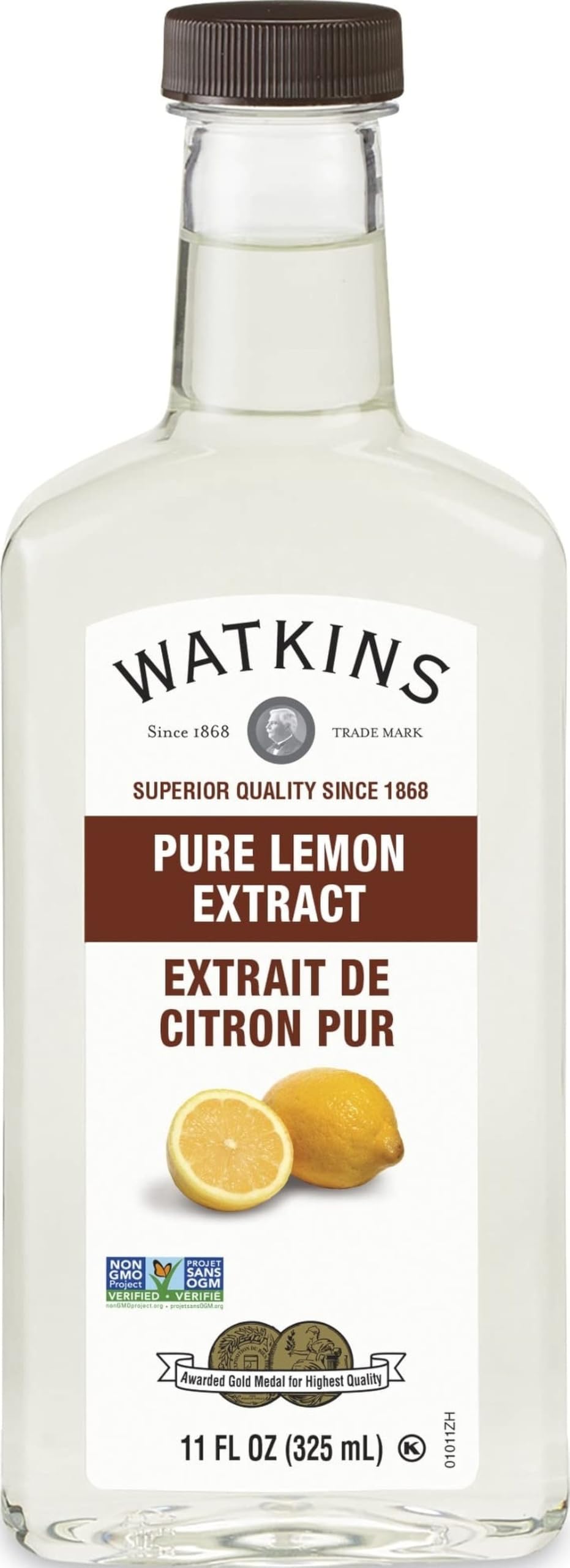 Watkins botella frontal del extracto de limón mostrando etiqueta y volumen