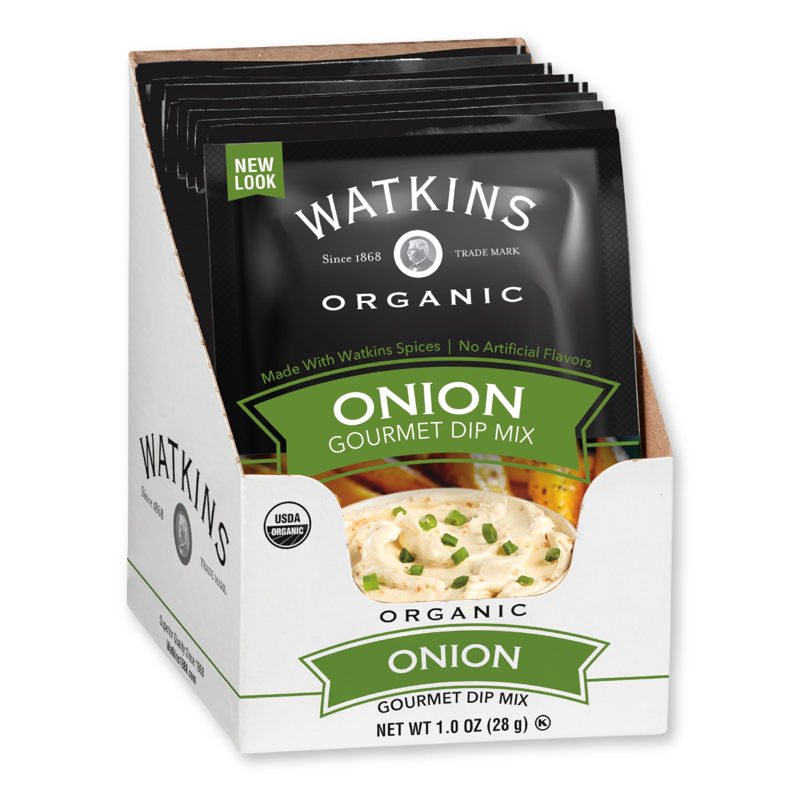 Watkins paquete frontal de dip sabor cebolla mostrando certificaciones orgánicas