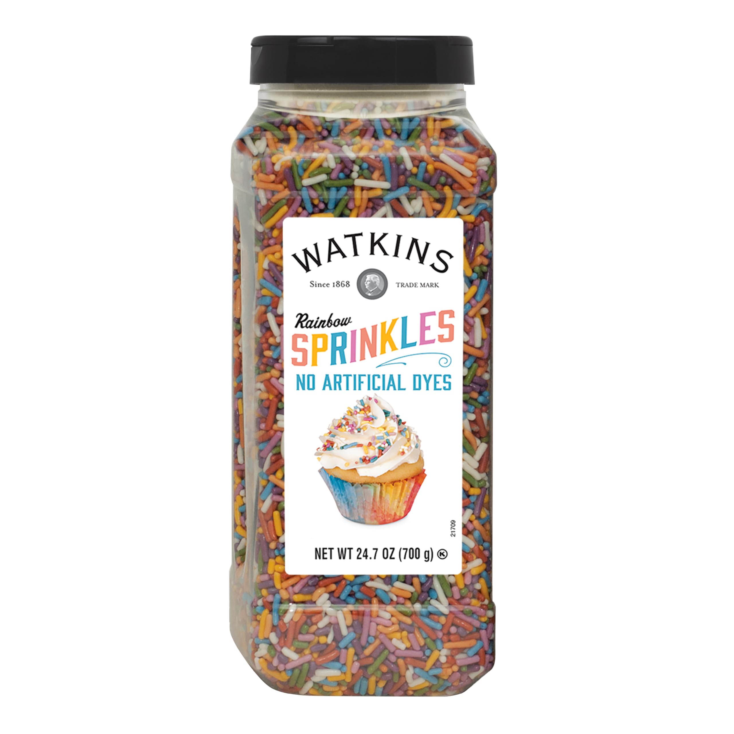 Watkins envase frontal con sprinkles multicolores, presentación grande y clara