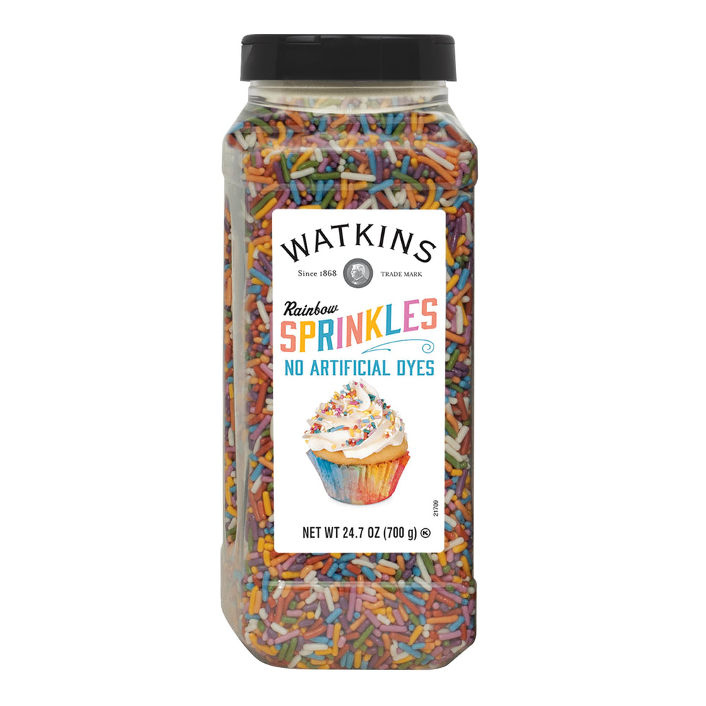 Watkins envase frontal con sprinkles multicolores, presentación grande y clara