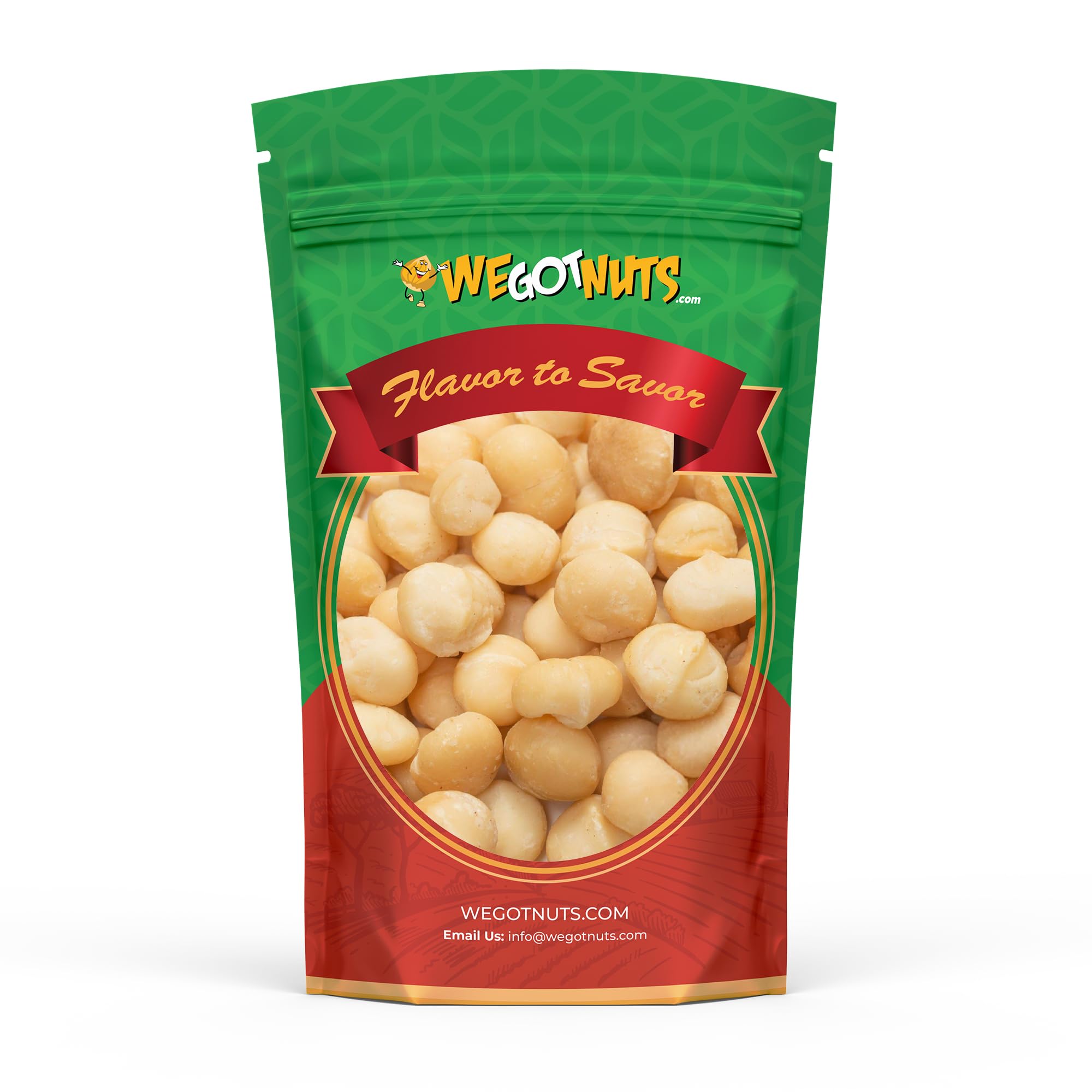 We Got Nuts bolsa frontal de macadamias crudas 2 lb mostrando etiqueta y bolsa resellable
