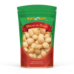 We Got Nuts bolsa frontal de macadamias crudas 2 lb mostrando etiqueta y bolsa resellable