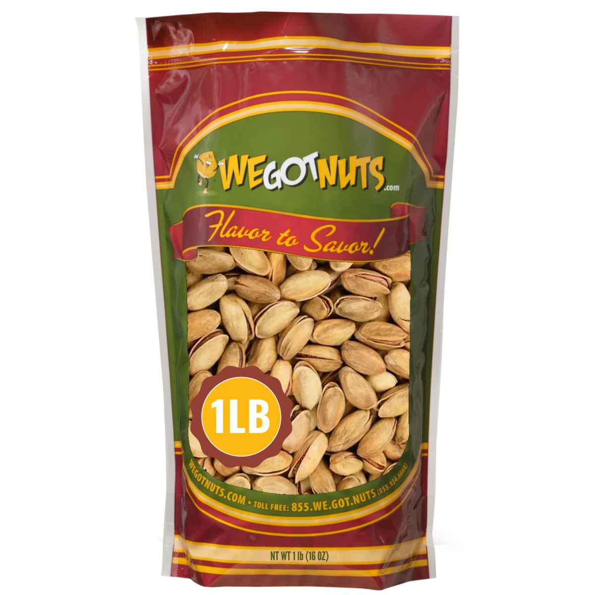 We Got Nuts pistachos Antep frontal mostrando empaque resellable y frescura