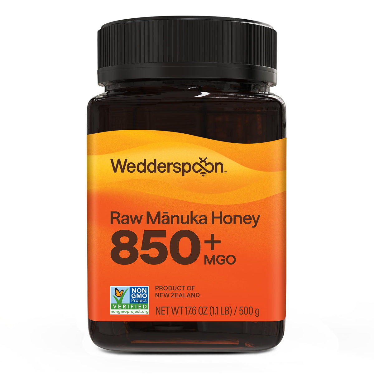 Wedderspoon frasco frontal mostrando etiqueta 850+ MGO y volumen 17.6 oz, ideal para uso diario