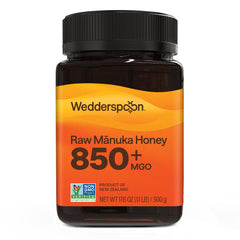 Wedderspoon frasco frontal mostrando etiqueta 850+ MGO y volumen 17.6 oz, ideal para uso diario