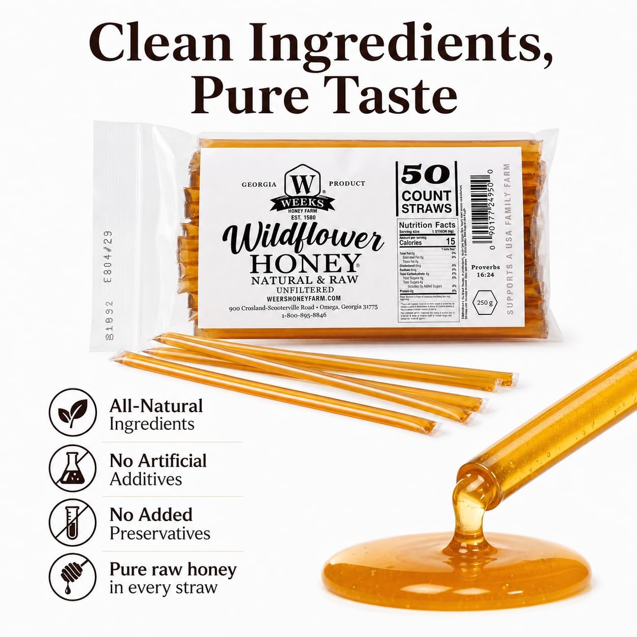 Weeks Honey Farm caja abierta con 50 pajas lista para llevar y almacenar