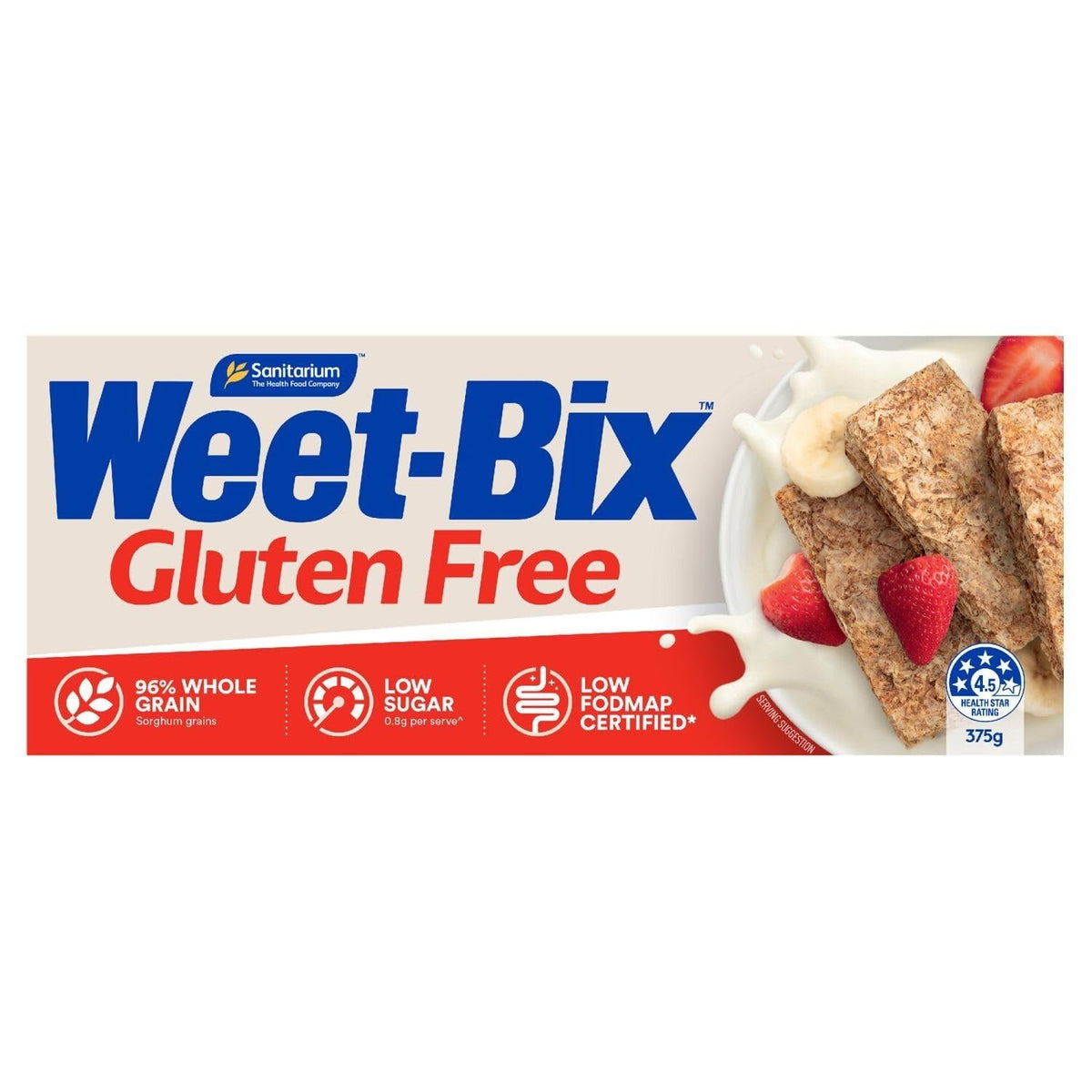 Weet-Bix paquete frontal mostrando etiqueta gluten free y beneficios integrales